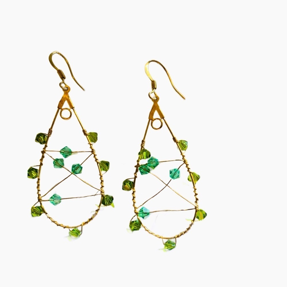 Vintage Green Glass Vine Beaded and Gold Statement Earrings